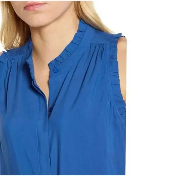 Gibson Blue Sleeveless Ruffle Sleeve Button Down Top - Small - Picture 5 of 11